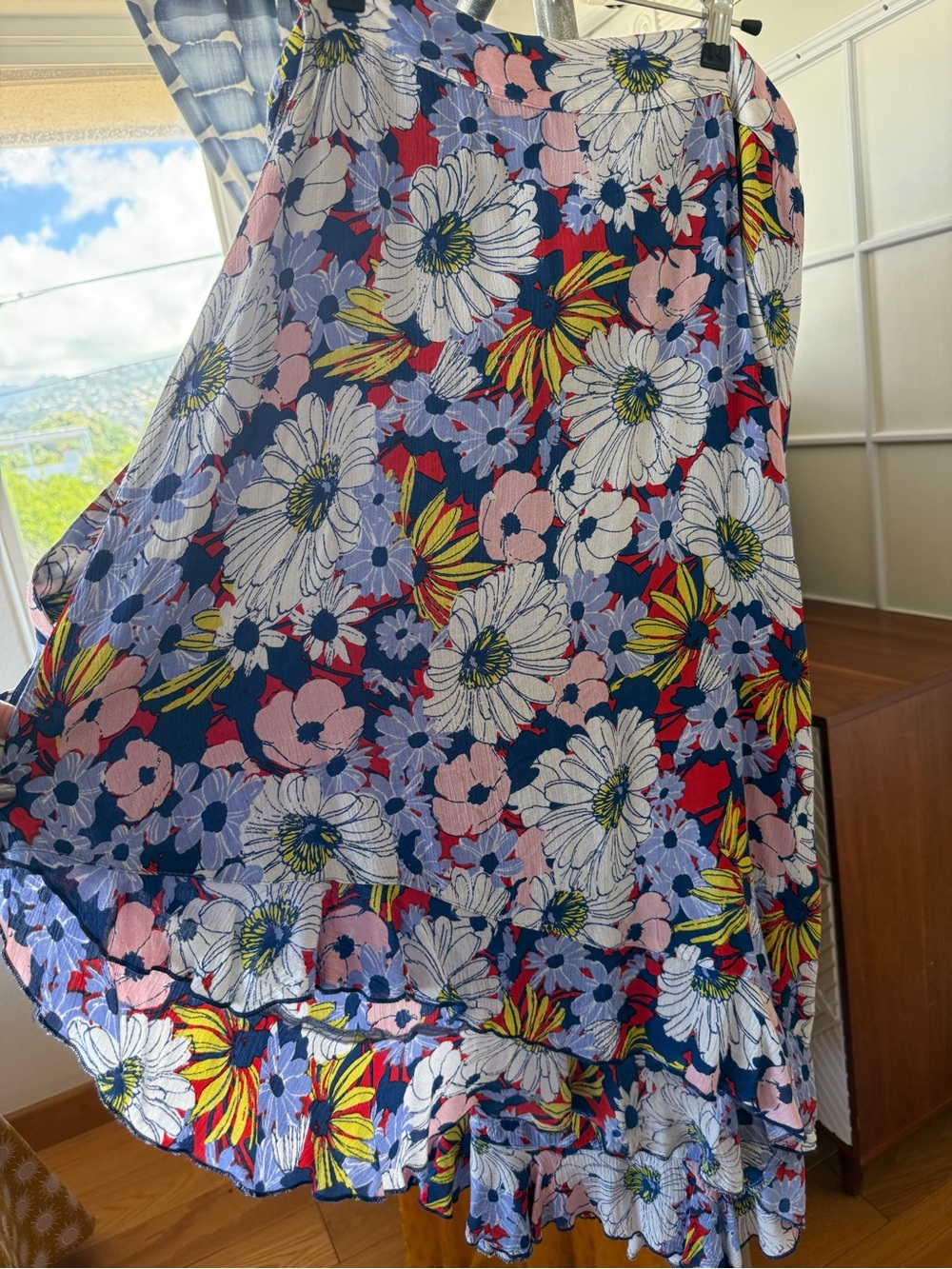Anthropologie Navy Floral Midi Skirt with Pink, White & Yellow Blooms
